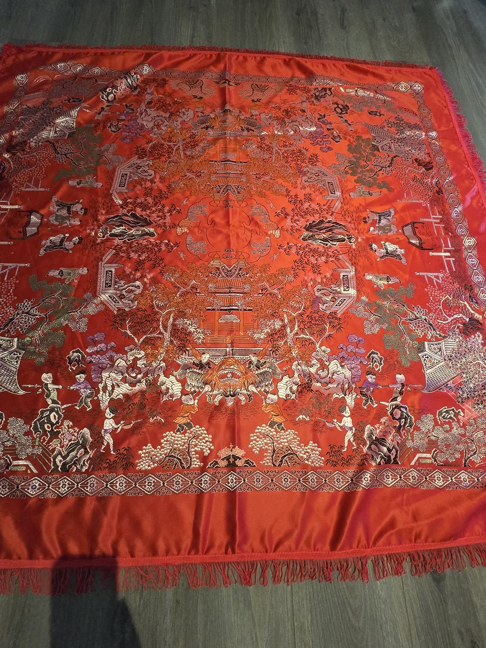 Vintage Chinese Piano Shawl Table Cloth Embroidered Red Silk 54" x 54” Tapestry
